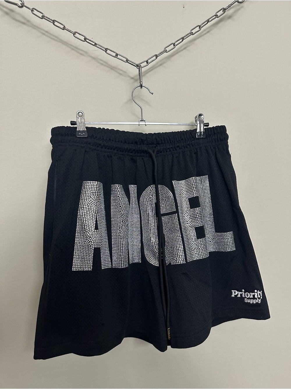 Priority Supply Rhinestone “ANGEL” Mesh Athletic Shorts Black